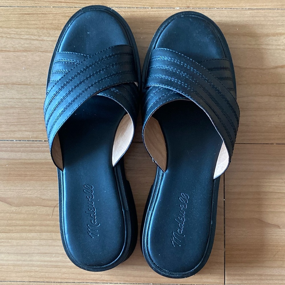 Madewell Cross Strap Black Leather Slide Sandals